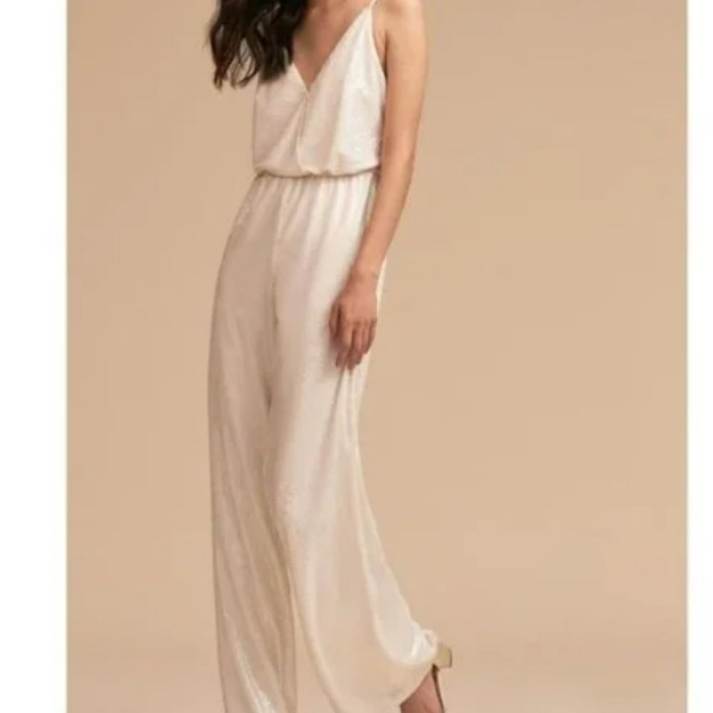 BHLDN Sequin Spaghetti Strap Wedding Jumpsuit Ivory